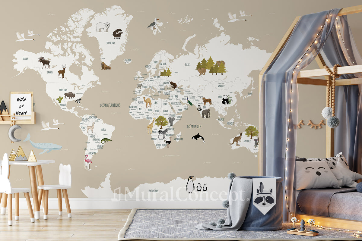 Children's French world map wallpaper beige