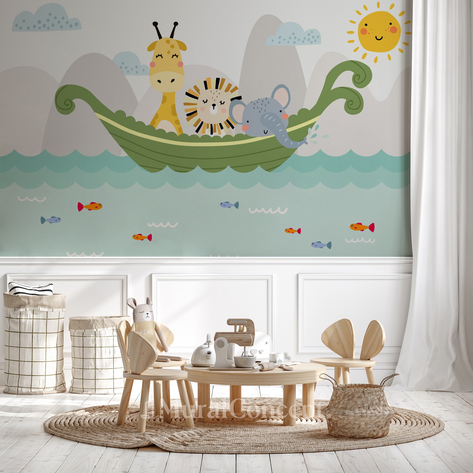 Papier peint chambre bébé bateau animaux - décor mural sur mesure français