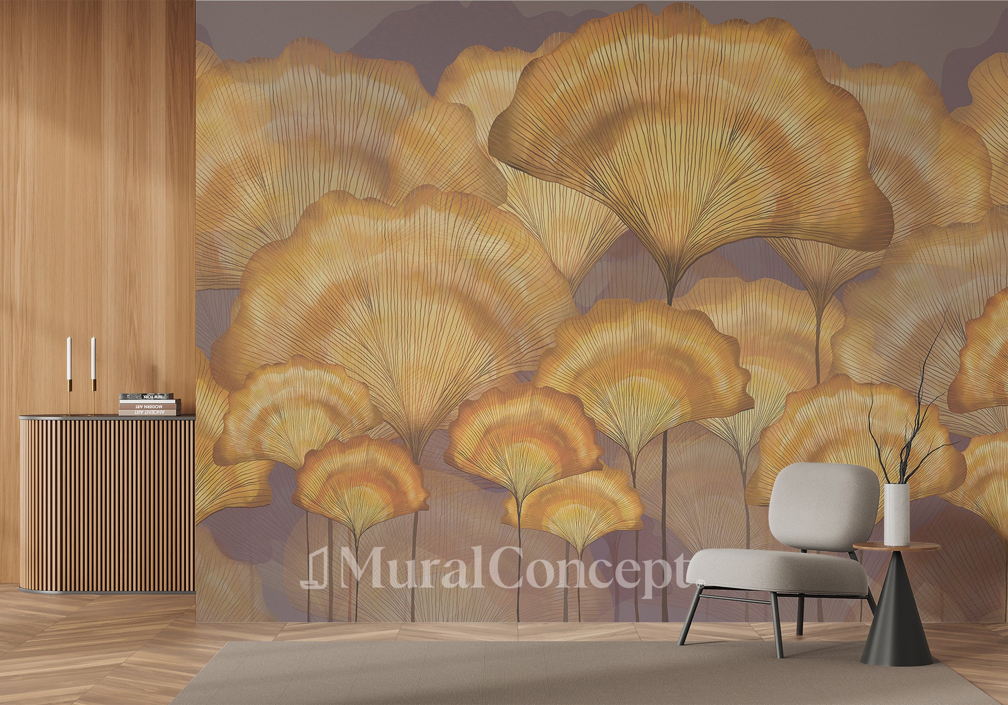 Papier peint contemporain ginkgo ocre - panoramique français