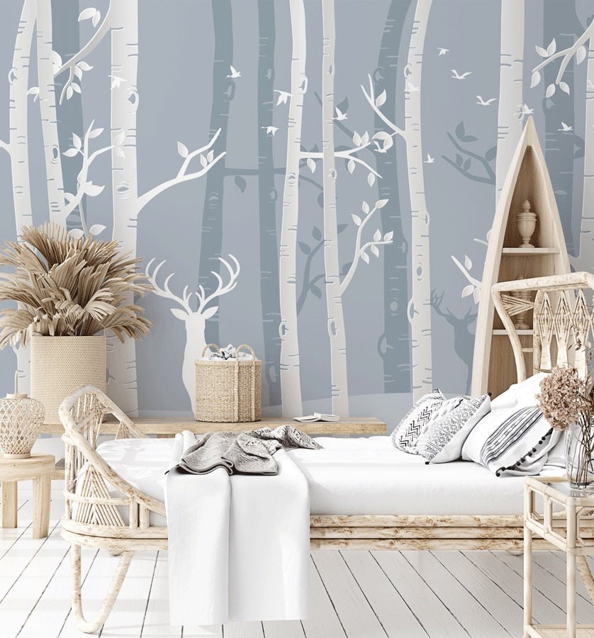 Papier peint enfant forêt scandinave bouleau et cerf - Muralconceptpapier_peint_sur_mesure