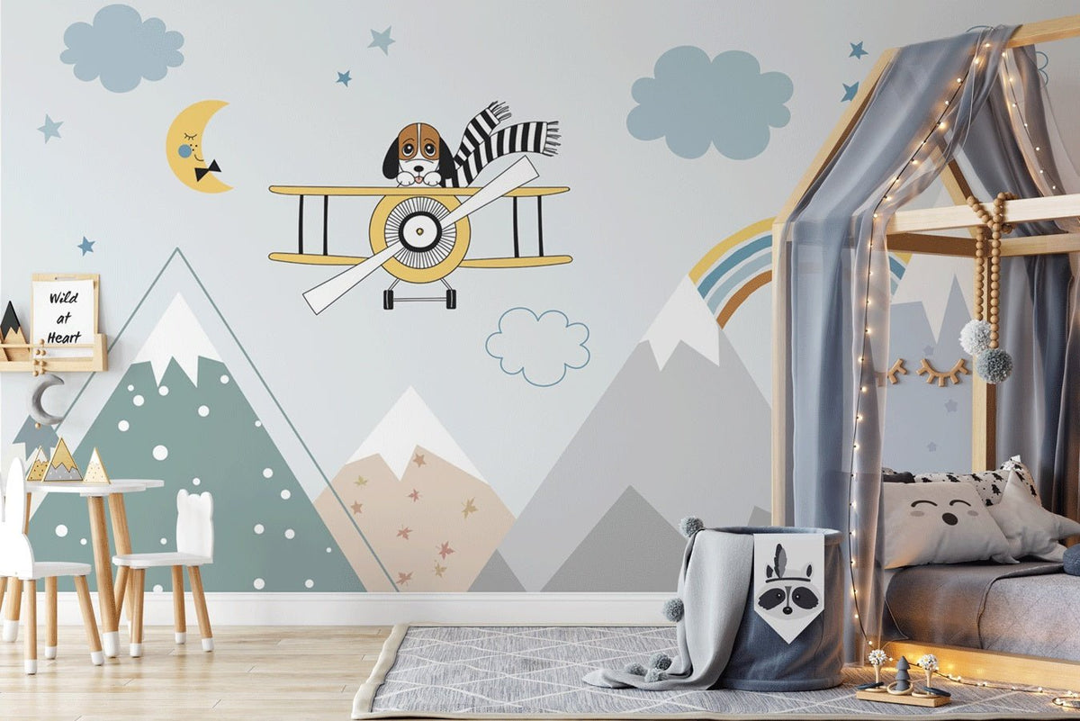 Papier peint enfant montagne scandinave bleu