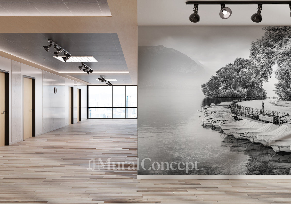 Lake Annecy contemplation hall wallpaper black and white