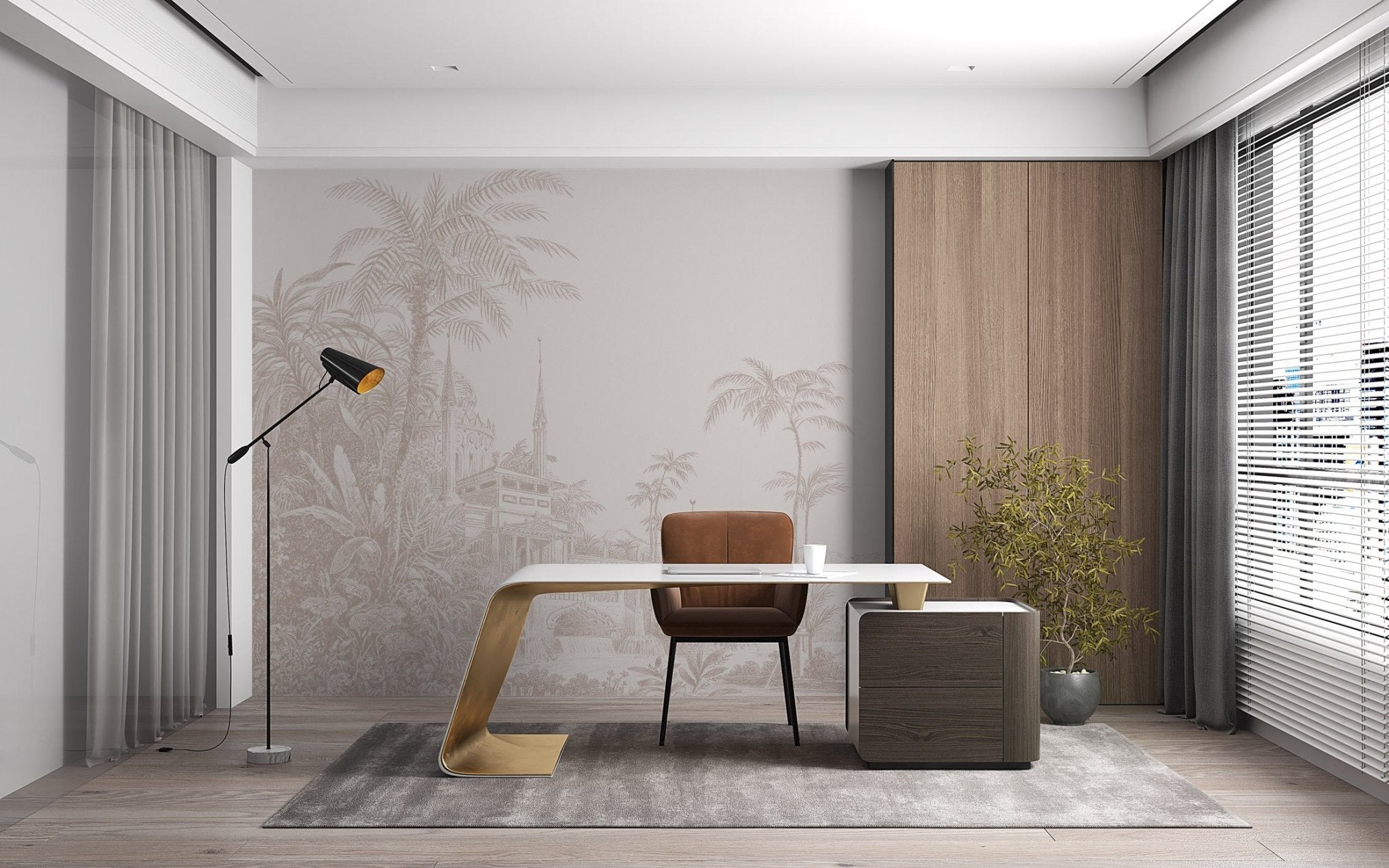 Papier peint jungle temple monochrome, mural concept, tendance
