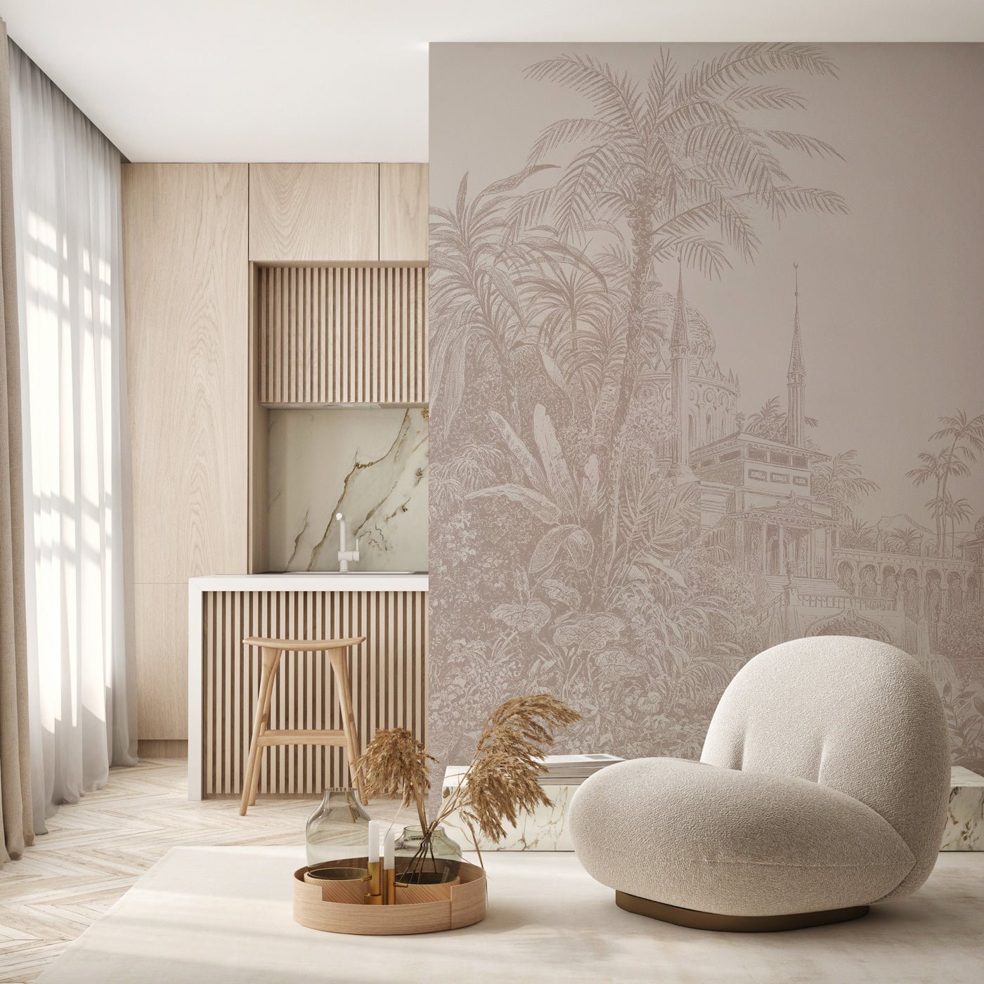 Papier peint jungle temple monochrome, mural concept, tendance
