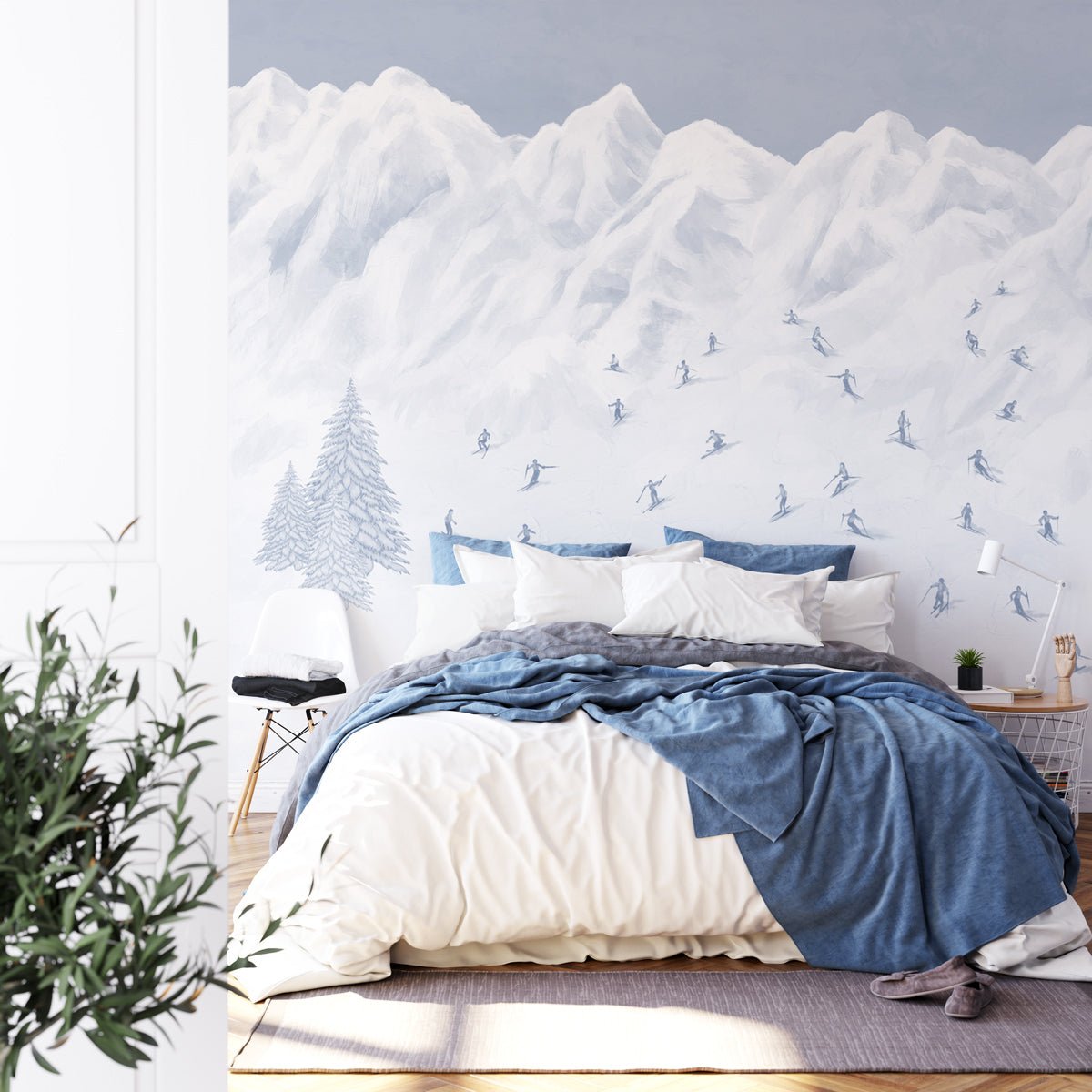 Papier peint montagne skieurs bleu
