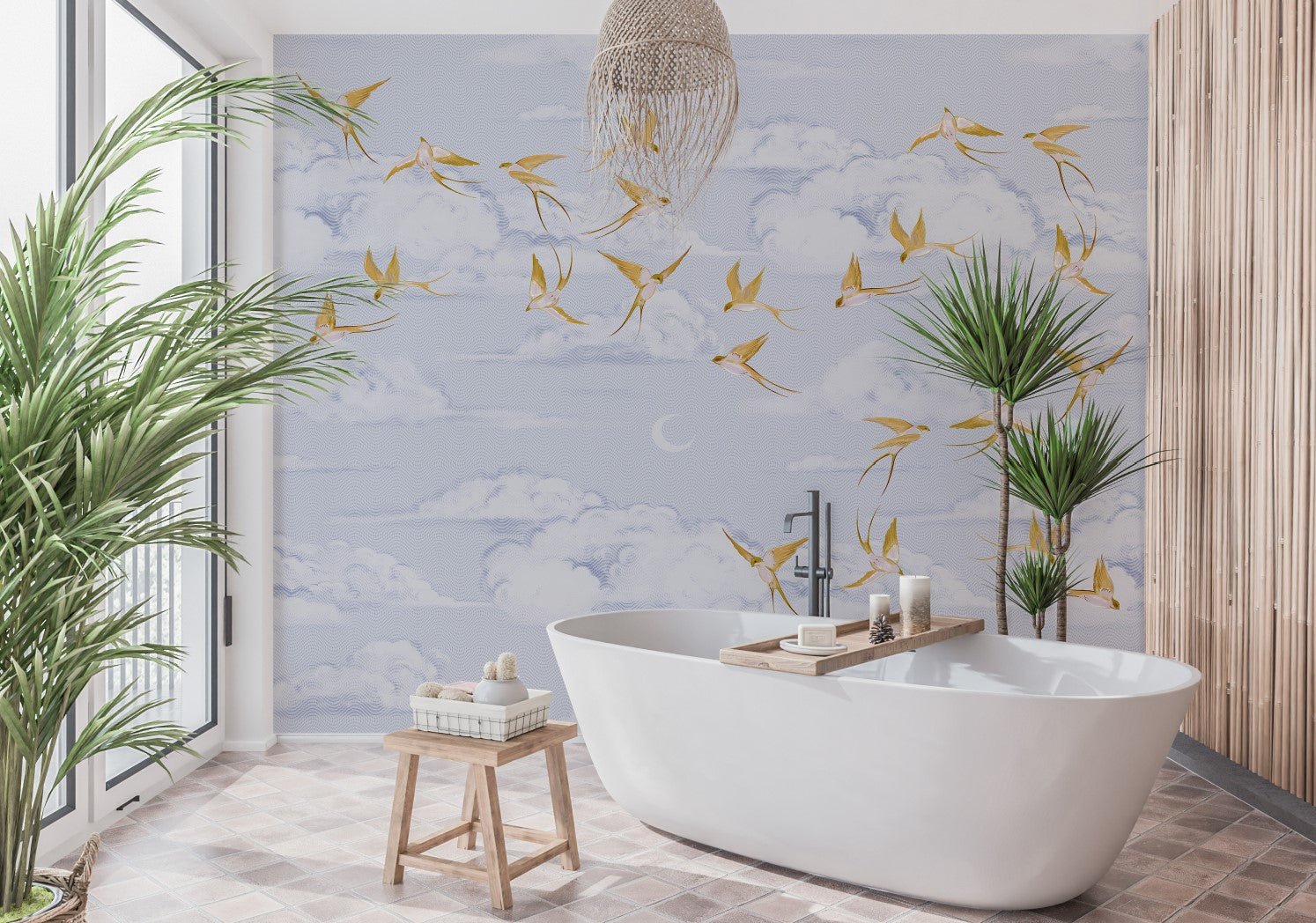 Papier peint nuage poétique oiseau or - Muralconceptpapier_peint_sur_mesure