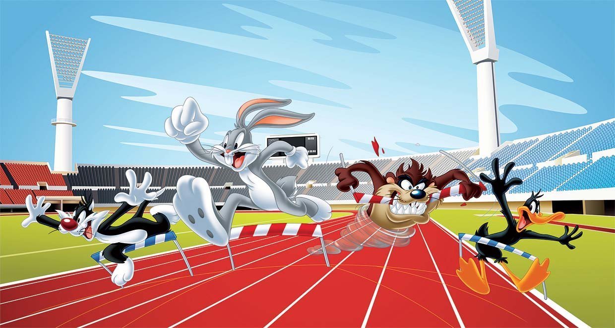 Papier peint panoramique looney tunes cartoon champions stade olympique - papier peint sur mesure francais - muralconcept