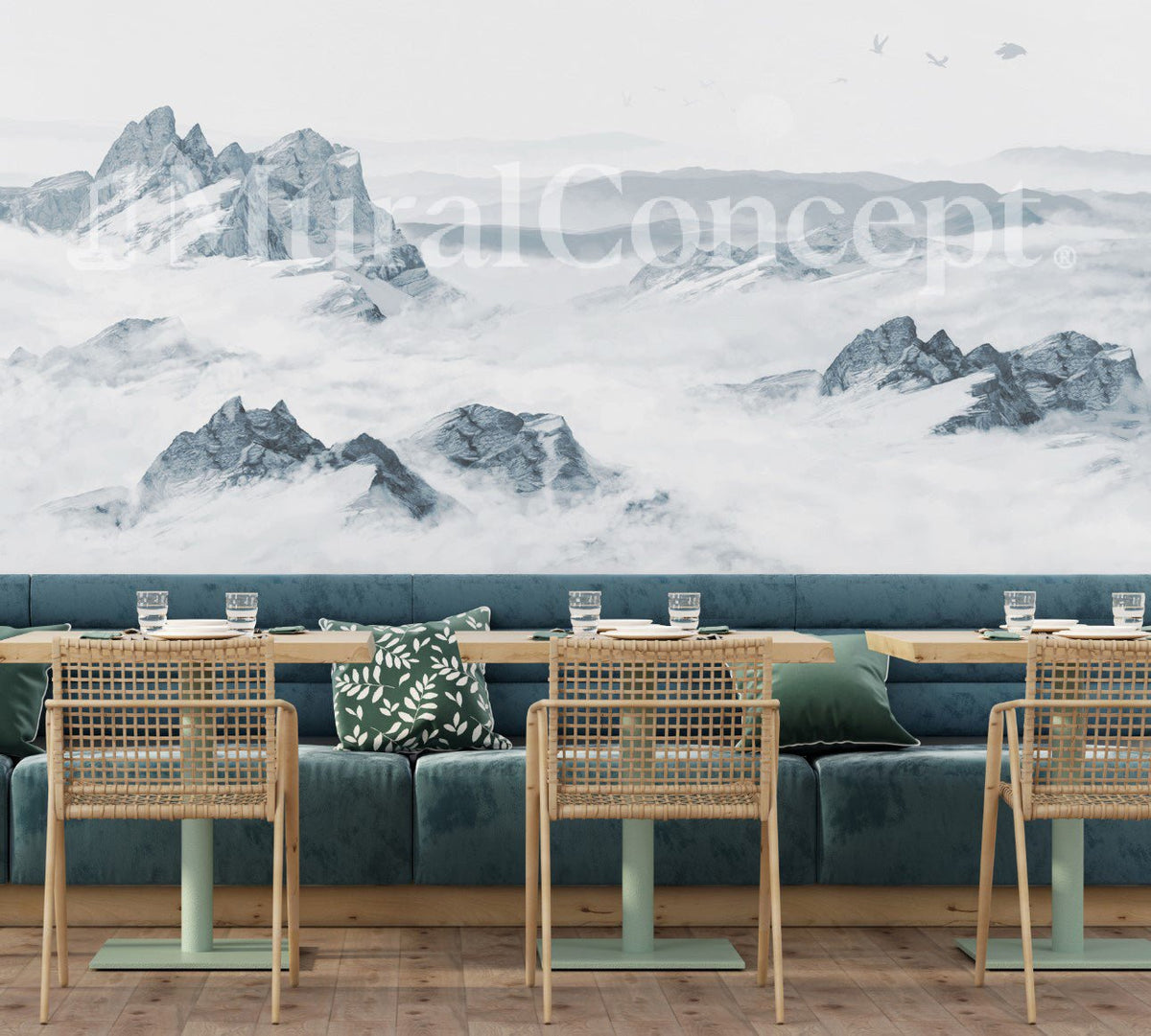 Papier peint restaurant montagne bleu