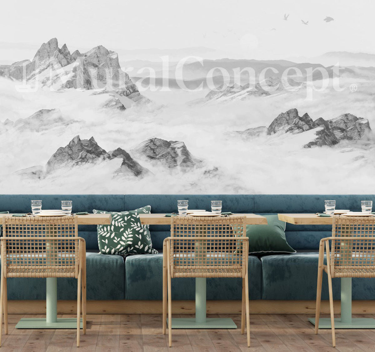 Papier peint restaurant montagne noir et blanc