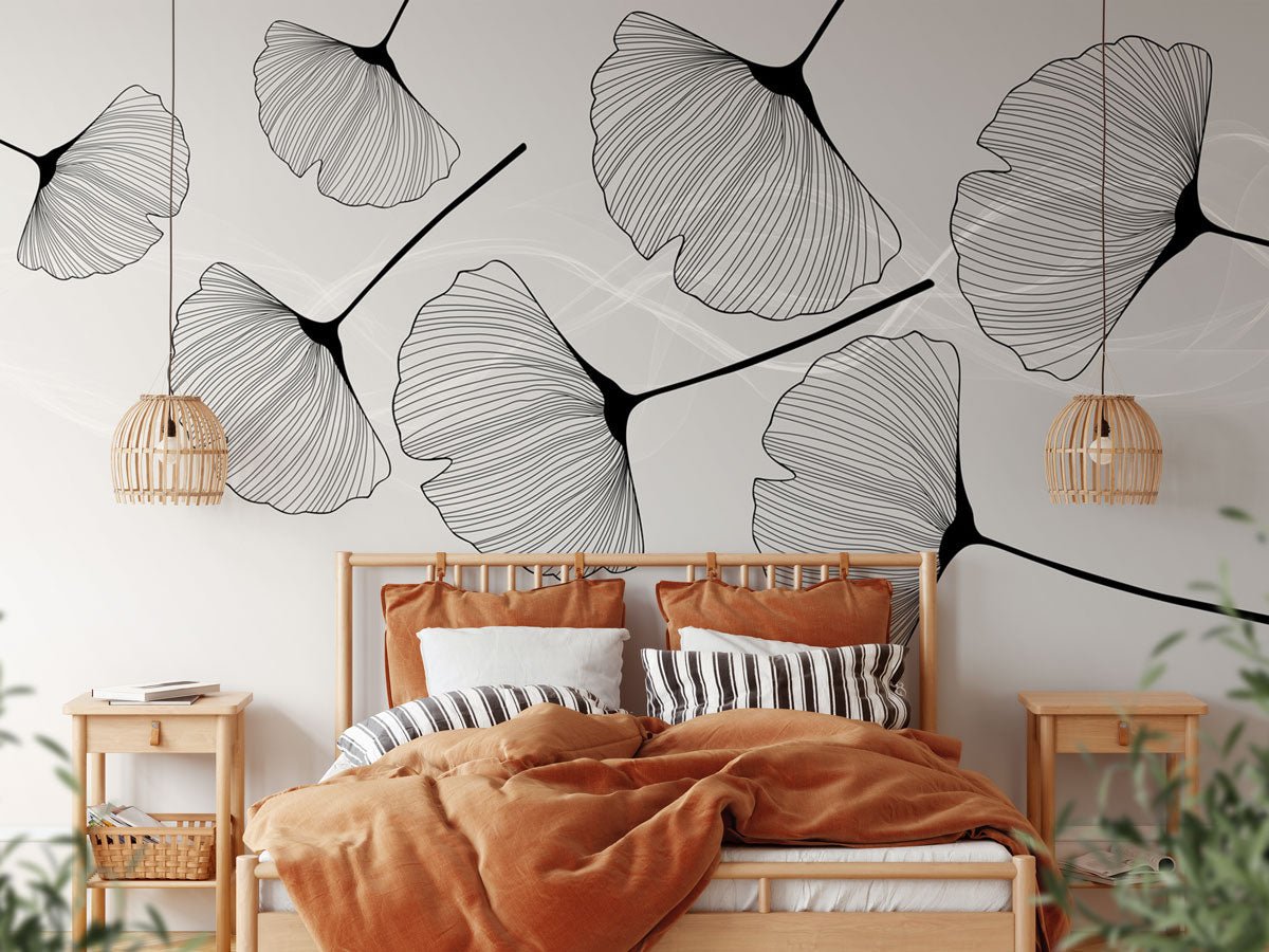 Trendy panoramic black ginkgo wallpaper