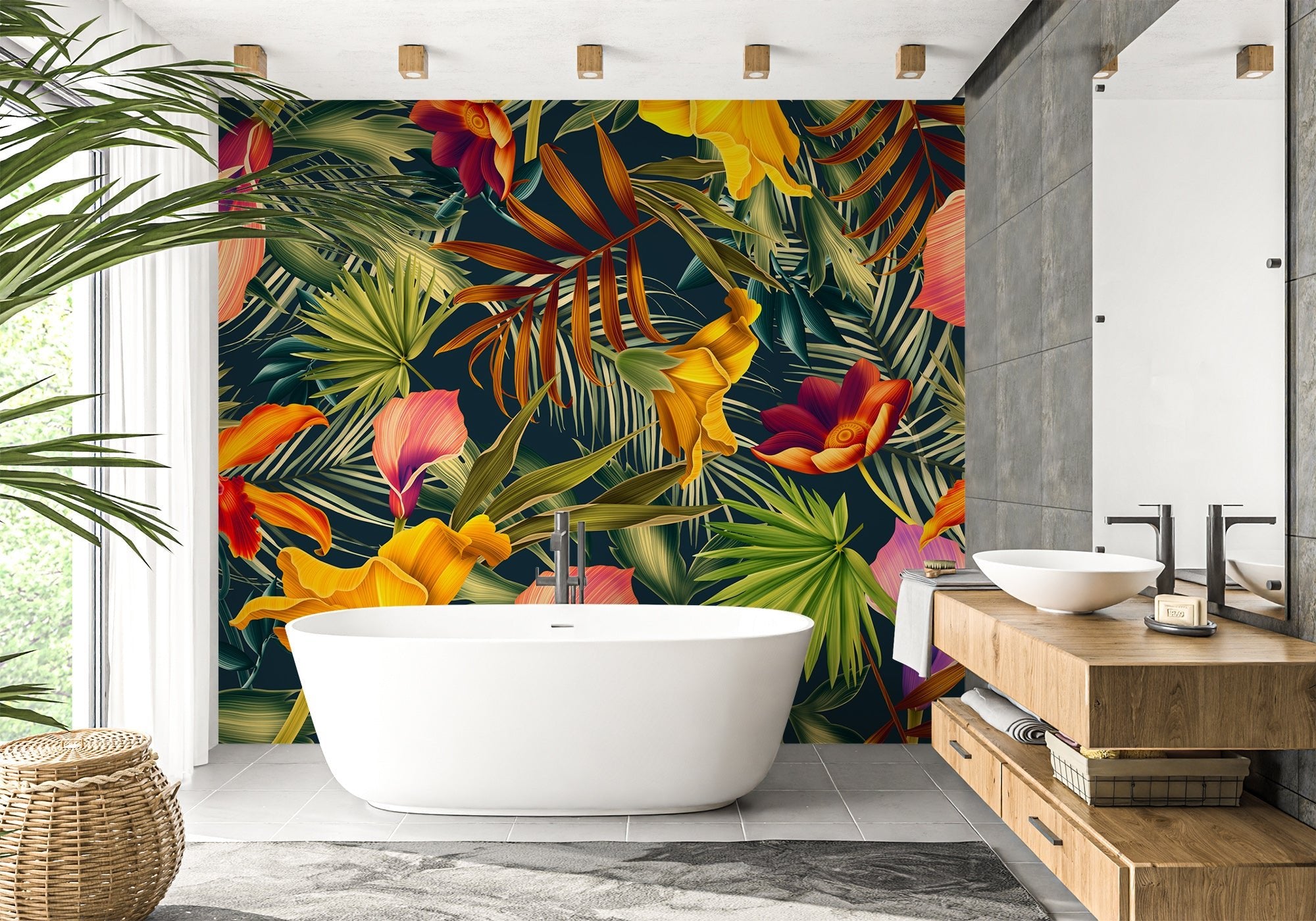 Papier peint salle de bain orange tropical, mural concept, tendance