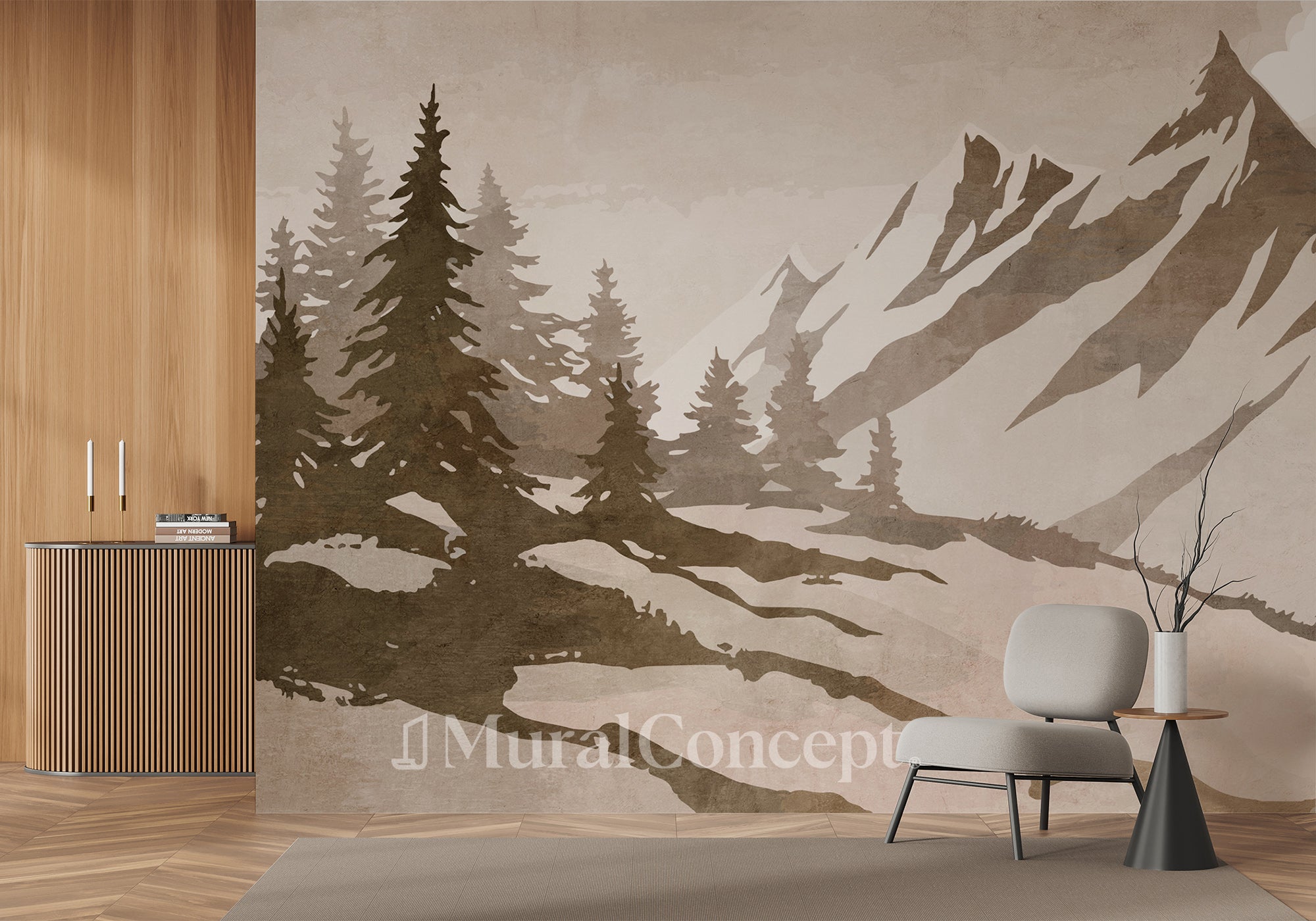 Papier peint sapin et montagne vintage sépia - panoramique français