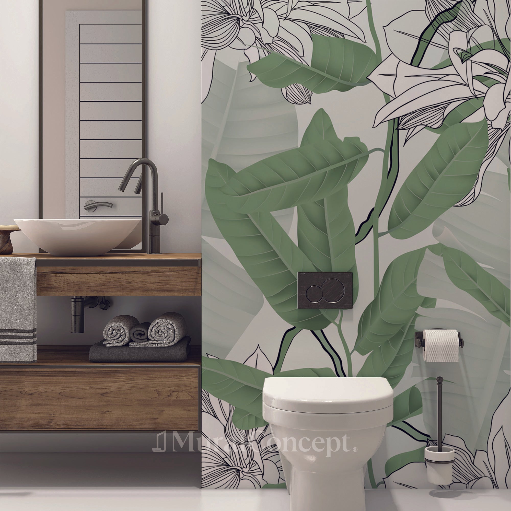 Papier peint toilette feuillage nature vert fleur NB - panoramique sur mesure francais - muralconcept
