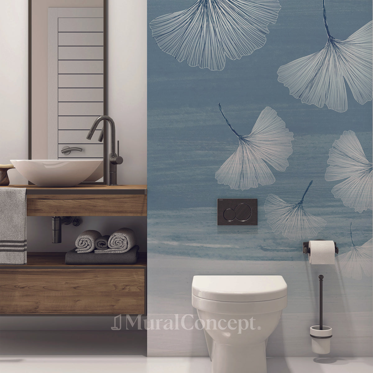 Wallpaper wc japandi blue gingko