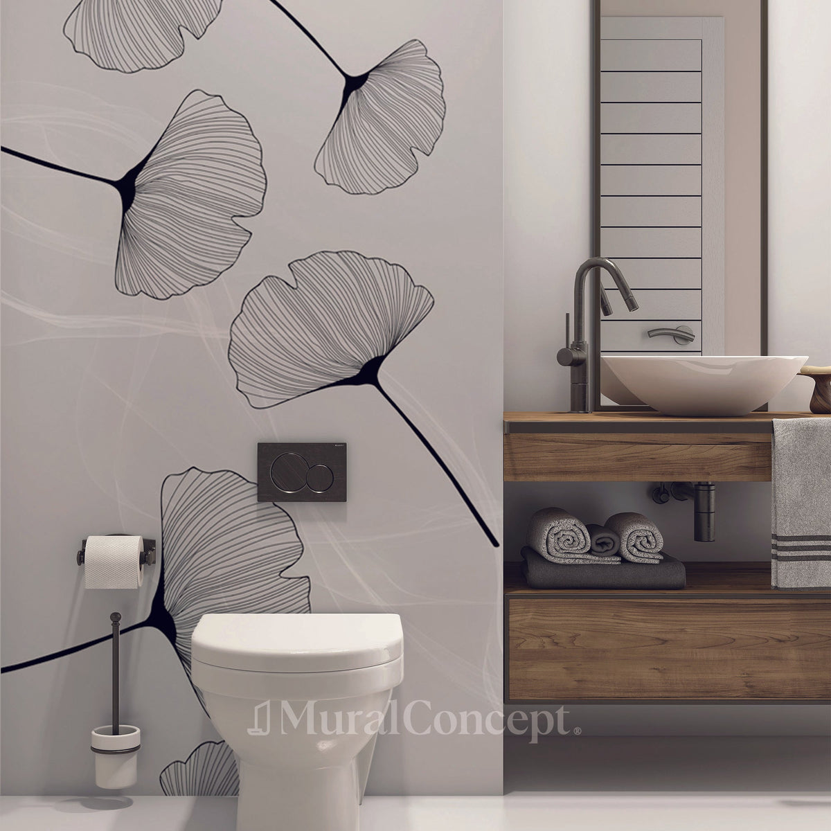 Trendy black ginkgo toilet wallpaper