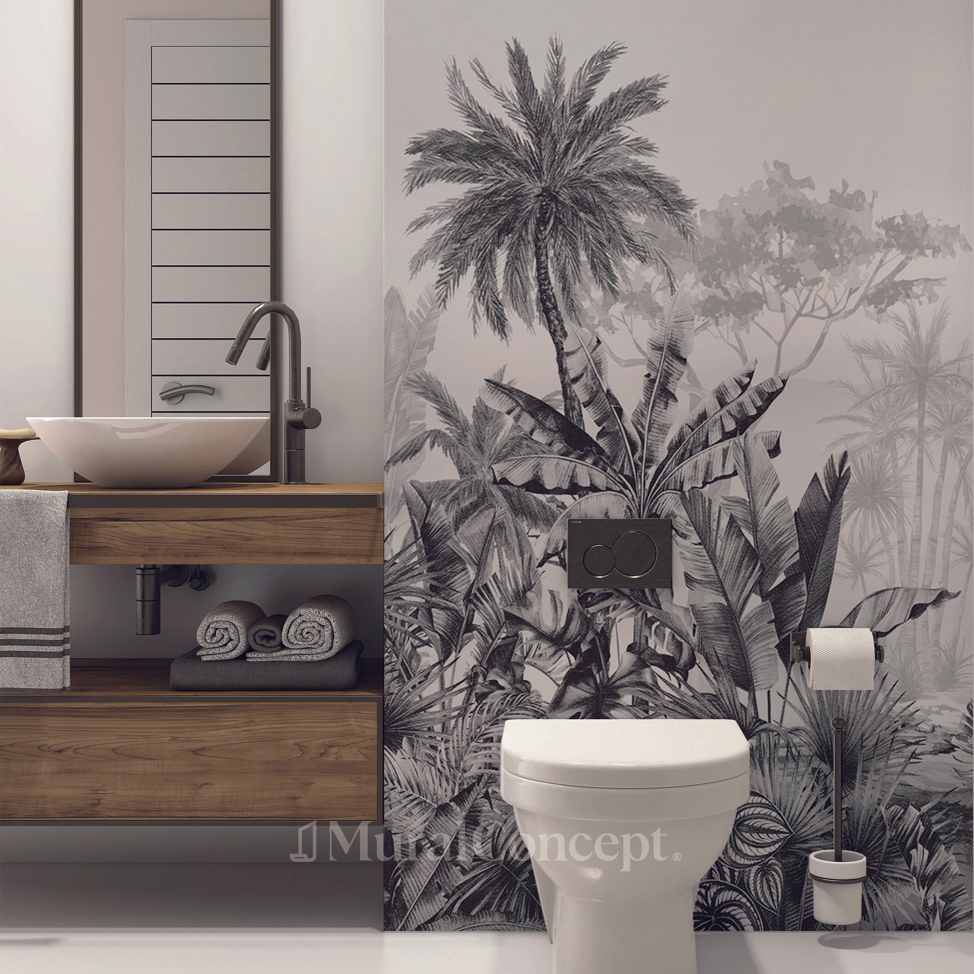 Papier peint wc tendance tropical noir et blanc - panoramique sur mesure francais - muralconcept